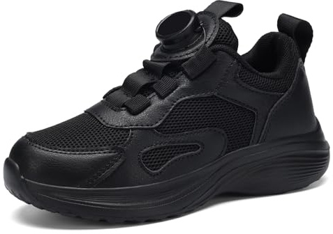 RTOUNT Big Kids All Black Trainers Boys School Tennis Walking Shoes for Girls Running Swivel Buckle Adjustable Sneakers Size 3