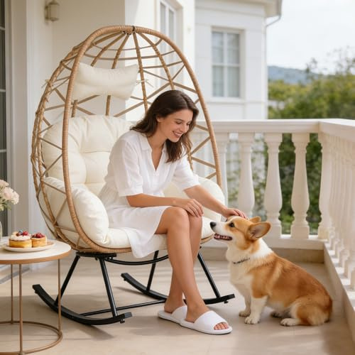 Wicker Egg Chair Outdoor,Patio Rocking Chair with Cushion,500lb Capacity,All-Weather Rattan Comfy Lounger Rocker Chairs for Indoor Living Room Balcony Backyard Garden (Yellow Frame&White Cushion)