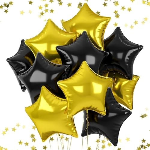 10 Pack 18 Inch Metallic Star Balloons - Black Gold Self-Sealing Foil Balloons for Birthday Party Decorations, Helium & Air Fillable Celebration Balloons with Ribbon