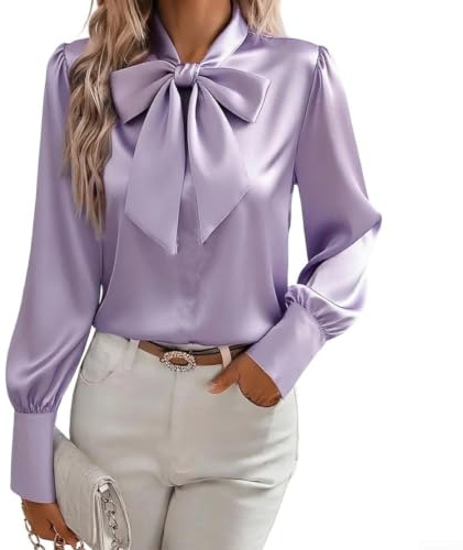Långärmad damtröja med rosett hals - elegant solid affärstopp med stativkrage och slipsdetalj för kontorsarbete vardagskläder storlekar S-2XL
