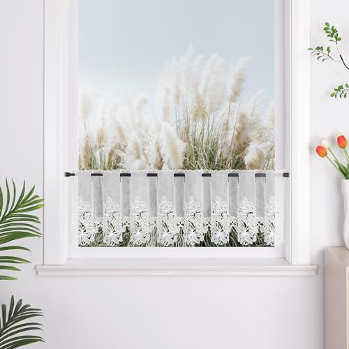 Yujiao Mao Rideau Brise-Bise Court Semi-Transparent à Motif Fleurs Brodées, Rideaux Cuisine Blanc Crème, Idéal pour Salon, Chambre et Cuisine – Décoration Élégante et Lumineuse HxL 30x150cm