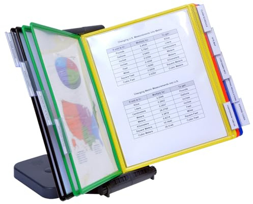 Ultimate Office AdjustaView 10-Pocket Desk Reference Organizer with Easy-Load Pockets and Compact Weighted Base for Maximum Stability (Colored Pockets)