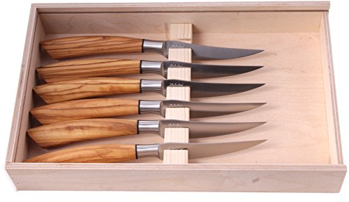 Coltelleria Saladini Steakmesserset 6-teilig mit Olivenholzgriff und gebogener Klinge aus Edelstahl