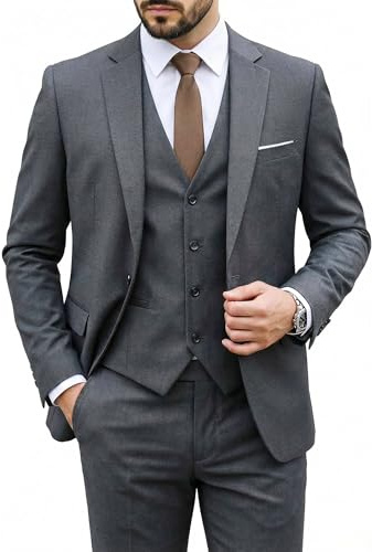 MY'S Men's 3 Piece Suit Set with Tie, One Button Slim Fit Solid Jacket Vest Pants, Prom Party Wedding Business Suits for Men, Dark Grey X-Small