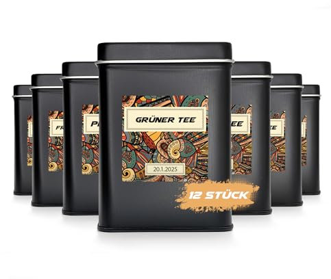 12er Teedosen Set für losen Tee 100g, inkl. Etiketten, Gewürze Aufbewahrung, 76 x 76 x 110mm Teedosen eckig matt schwarz, Aufbewahrungsdosen Set, Teedosen Aufbewahrung, Vorratsdosen, Aufbewahrungsbox