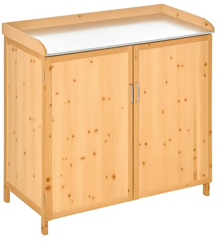 Outsunny Armoire de Jardin sur Pied Table de rempotage 2 en 1 - Table de Jardinage Double Porte, étagère, Plateau tôle Acier galvanisé - Table de Plantation Bois de cèdre pré-huilé