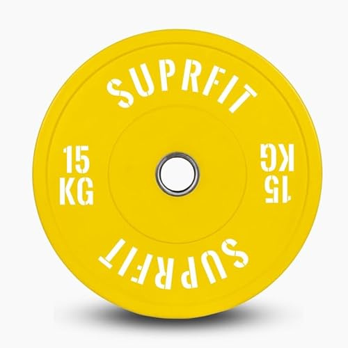 SUPRFIT gummerade fitnessstötdämparplattor 50 mm viktskivor av massivt gummigranulat – vikt: 15 kg, stötabsorberande hantelskivor 50 mm för hantelträning, viktskivor – färg: gul/vit
