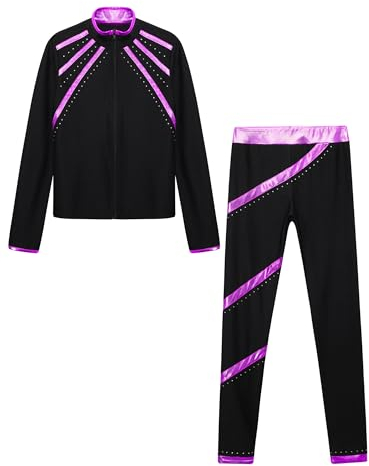 Alvivi Kinder Mädchen Sport Set Trainingsanzug Langarm Sweatjacke + Hose Sport Leggings Glänzend Eiskunstlauf Anzug Yoga Gym Sportanzug Lila 122-128