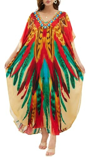 Bsubseach Caftanes para Mujer Caftán con Estampado de Plumas de Colores Vestidos Tallas Grandes Loungewear Maxi Cubre Playa