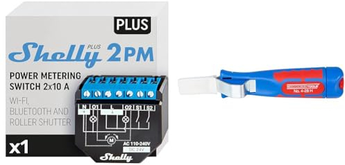 Shelly Plus 2PM | Wlan & Bluetooth 2 Kanäle Smart Relais Schalter mit Leistungsmessung & WEICON TOOLS Kabelmesser No. 4-28 H/Abisolierbereich 4-28 mm/inkl. Hakenklinge