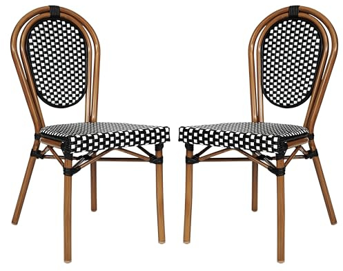 Flash Furniture Lourdes Indoor/Outdoor Commercial Thonet Bistro Stack Chair - Black/White PE Rattan Back and Seat - Natural Bamboo Print Metal Frame - 2 PK