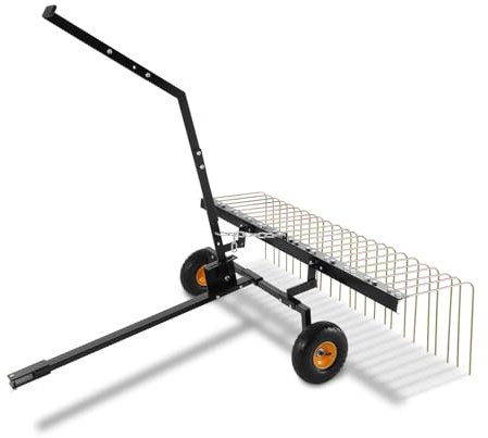 VEVOR Escarificadora de Remolque detrás de 1500 x 1600 x 1900 mm con 24 Púas de Acero Q235, Rastrillo de Césped para ATV o Cortacésped, con Mango de Elevación para Hojas, Agujas de Pino y Hierba