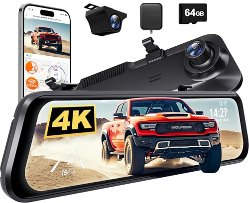 WOLFBOX G850 Pro Caméra 4K ADAS BSD, rétroviseur intelligent WiFi 5,8 GHz, commande vocale, caméra de recul 12 pouces, carte 64 Go, GPS, capteur G