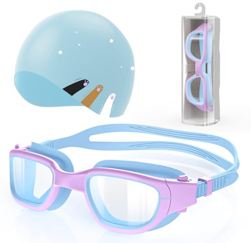Zeligerstar Kids Swim Goggles with Silicone Swim Cap, Swimming Goggles Cap Set for Kids 6-14, Anti-Fog Anti-UV Pool Glasses for Boys Girls Children