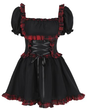 DINGJIUYAN Pirate Ruched Dress Women Gothic Square Neck Plaid Short Sleeve Pleated Mini Lolita Viking Smocked Dress