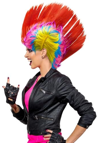 UILYNIU 80s Street Punk Wig Heavy Metal Disco Wig Dress Up Wigs Rock Star Hard Rocker Wig Multi-Coloured Costume Wig Rocker Fancy Dress Accessories Halloween Fancy Costume (Red)