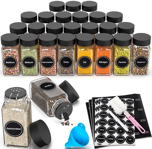 DIFULI Lot de 24 pots à épices carrés avec couvercle, 120 ml avec 340 étiquettes, pots à épices avec entonnoir avec saupoudrer, autocollants vides, tamis (24) (36 black)