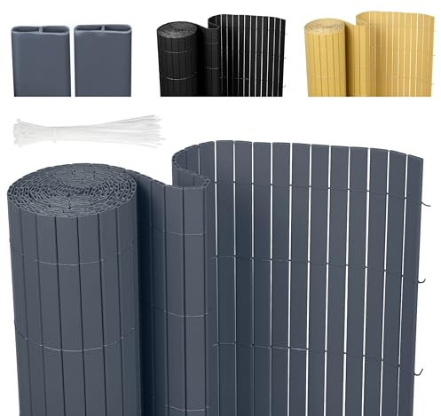 Ribelli PVC Sichtschutzmatte mit Steg, Sichtschutzzaun ohne Bohren, Sichtschutz Zaun mit Kabelbindern, Windschutz Wetterfest für Garten, Balkon und Terrasse (80 x 300 cm, Grau)