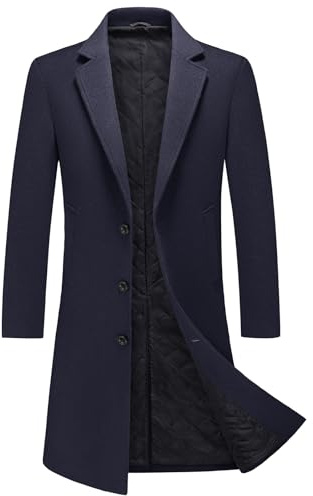 MODFUL Cappotto trench lungo da uomo in lana imbottito lunghezza al ginocchio caldo soprabito casual peacoat slim fit capospalla, blu navy, S