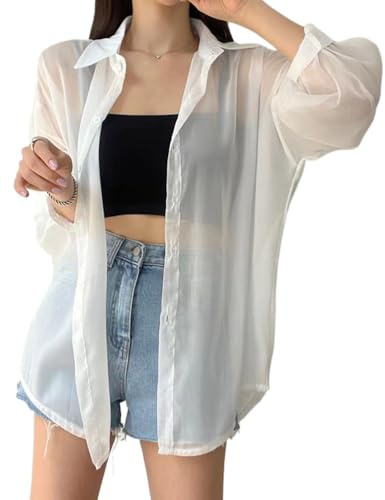 Camicia in Chiffon con Protezione UV, Copricostume Leggero a Maniche Lunghe, Camicia Estiva in Chiffon con Protezione Solare per Donna (White,Taglia Unica)