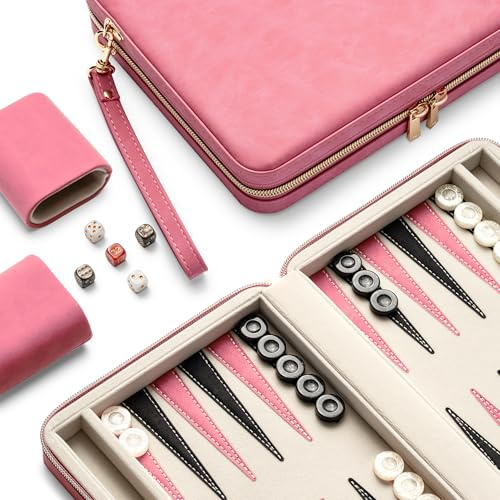 Backgammon Sets for Adults and Kids, Classic Backgammon Board with Unique Checkers Dice, Folding Faux Leather Backgammon Case, Portable Travel Backgammon Game Set (Pink)