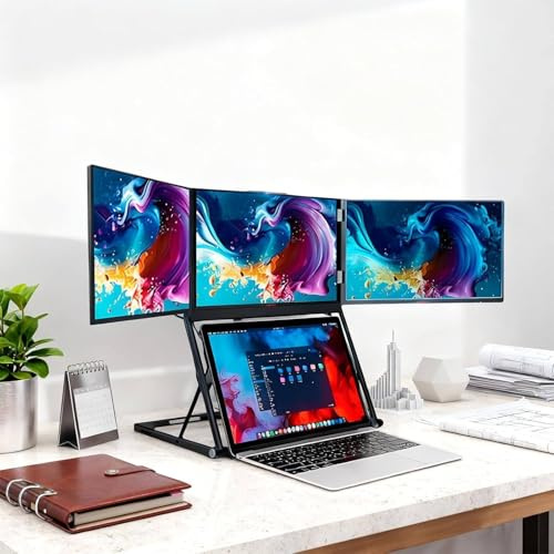 15,6 laptop-förlängare med trippelskärm, 1080P FHD IPS-trippelskärm, förlängd skärm med typ-C/HDMI/USB-C plug-play och 360° rotationsjusterbara betraktningsvinklar, kompatibel med Mac/Windows/Linux