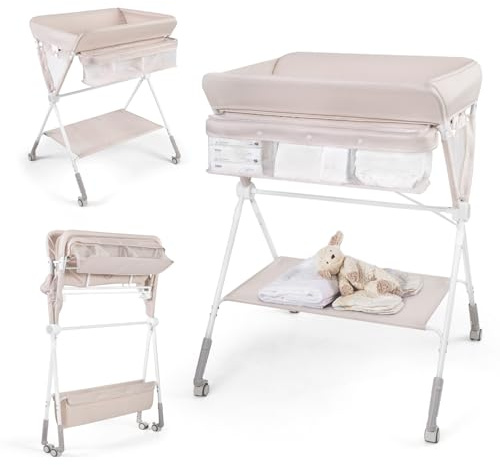 COSTWAY Cambiadora Bebé Portátil, Cambiador Plegable con Altura Ajustable de 3 Niveles, Organizador Móvil para Recién Nacidos con Cesta, Toallero, Estante y Ruedas Universales con Freno (Natural)