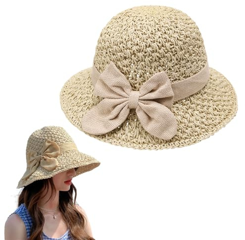 WSXQAZ Womens Foldable Straw Hat, Straw Sun Hats for Women UV Protection, Womens Beach Sun Straw Hats, Wide Brim Floppy Vacation Hat, Comfortable Breathable, for Beach Vacation Travel Holiday