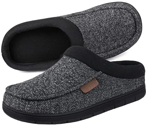 ULTRAIDEAS Men's House Slippers, Indoor Outdoor House Shoes with Non-slip Rubber Sole, Summer Breathable Cotton Blend & Winter Warm Fuzzy Moccasin Slippers, Machine Washable Memory Foam, Gift for Father(Black/Gray, 11-12)