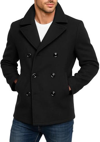 III-Fashions Mens Classic Double Breasted Winter Warm Dress Coat - Black Wool Lapel Style Collar Pea Coat Casual Walking Jacket for Business & Professional Wear