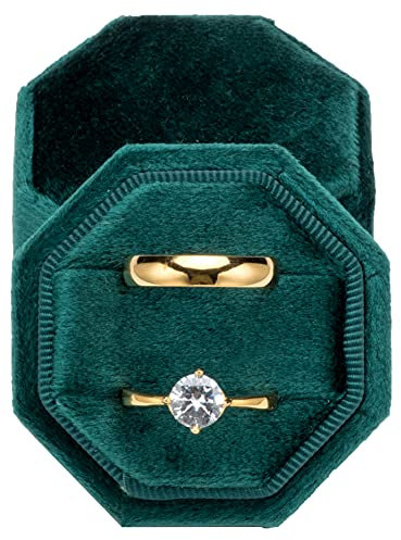 POKOFO Premium Samt-Ringträgerbox für Antrag, Verlobung, Hochzeitszeremonie, gleichseitiger achteckiger Vintage-Doppelringhalter mit abnehmbarem Deckel (grün)