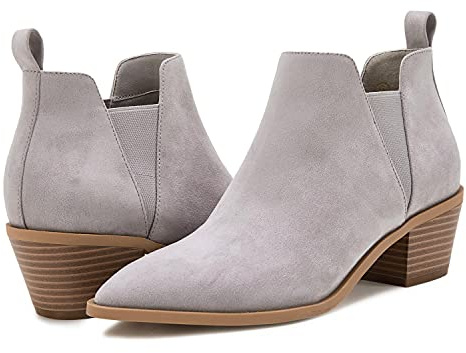 Minshluu Womens Pointed Toe Ankle Boots Stacked Chunky Heel Slip on Western Low Heel Booties