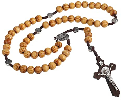 SOSPIRO Rosenkranz aus Holz Halskette Katholische Kette Kreuz Anhänger Halskette für Männer Frauen Kommunion Holz Halskette