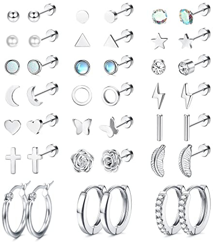 JeweBella Pendientes Hipoalergénicos de Acero Quirúrgico - 21 Pares de Cartílago Estrella Luna Flatback Zirconia Aro Para Mujer - Conjunto de Piercing Joyería