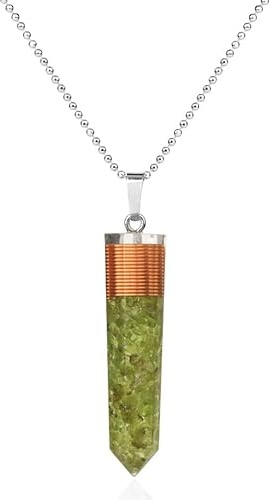 Hexagonal Column Pendant Natural Chips Stone Copper Wire Resin Poured Geometry Pendants Energy Necklaces for Women Men,Olivine Chain