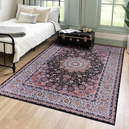 Mazovia Orientalisch Vintage Teppich - Kurzflor Waschbar - Weich Traditioneller Teppich für Wohnzimmer, Schlafzimmer, Esszimmer – Oriental Teppiche - Schwarz 80 x 150 cm