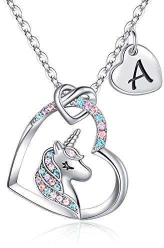 TIN Gn Regalos para Niña Mujer Collar de Unicornio, Chapado en Oro Blanco de 14 Quilates CZ Corazón Colgante Joyería