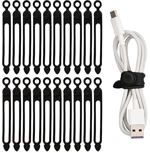 20 Piezas Correas Organizadoras de Cordón 10.5 * 1.2cm, Bridas de Cable Bridas Cordón Elástico de Silicona, Reutilizables Bridas para Cables Auriculares Suministros Hogar Oficina (Negro)