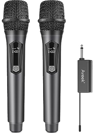 Aveek Karaoke Mikrofon Kabellos mit Wiederaufladbarem Empfänger, 6,35/3,5mm Funkmikrofonanschluss (6 Stunden Akkulaufzeit), geeignet für Gesang, Partys, Hochzeiten und öffentliche Reden (2 teiliges)