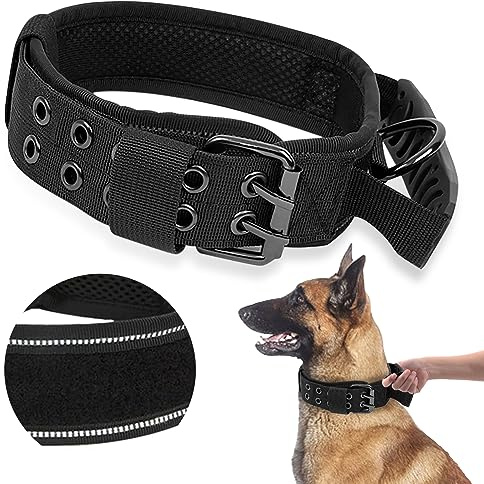 AKOFIC Taktiskt hundhalsband med kontrollhandtag, brett hundhalsband vadderad, justerbart nylonhalsband hund, reflekterande militär utbildningshalsband hund för medelstora stora hundar