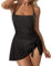 DOULAFASS Women Adjustable Straps Square Neck Swimming Costume with Skirt Knot Front Tummy Control Swimsuit Padded One Piece Swimwear Swim Dress Black