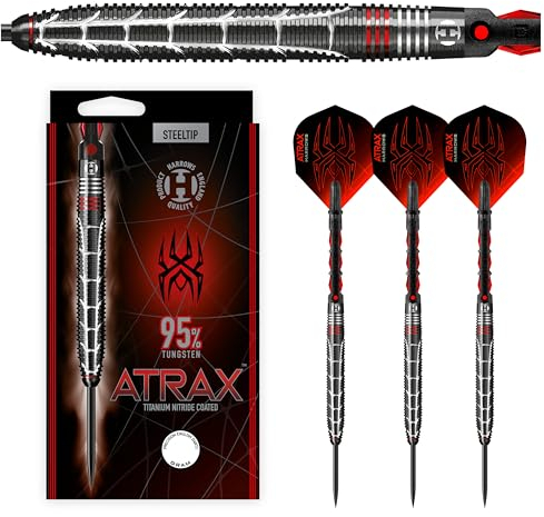 Harrows Atrax 95% Tungsten Darts | Darts-Set mit Stahlspitze| 21g, 22g, 23g, 24g, 25g & 26g | Beinhaltet Carbon ST-Schäfte und 100 Micron Atrax Red Flights (24 Grams)