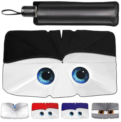 Zuquik Parasol Universal para Coche, para Sedan, SUV, monovolúmenes, con diseño de Ojos encantadores, Incluye Bolsa de Almacenamiento, protección UV y térmica, 145 x 79 cm,Negro