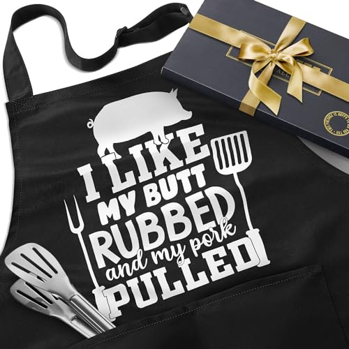 JDNFYGX Funny BBQ Apron Gifts for Men, Hilarious Grill Chef Apron with Pockets, Adjustable Cooking Apron - Birthday & Fathers Day Gift for Dad Husband Brother Boyfriend Grandpa