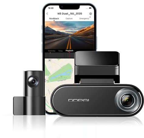 DDPAI Dashcam Coche 4K+1080P, Camara Vigilancia Coche con 32GB eMMC Integrada, Super Visión Nocturna, 5G WiFi, GPS, Modo Estacionamiento 24h, G-Sensor, Grabación en Bucle, Control por App, N5 Dual
