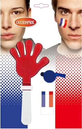 GOX Kit de Supporter Français 3 pièces, Sifflet, Clap Main et Stick de Maquillage Visage Tricolore France Bleu Blanc Rouge