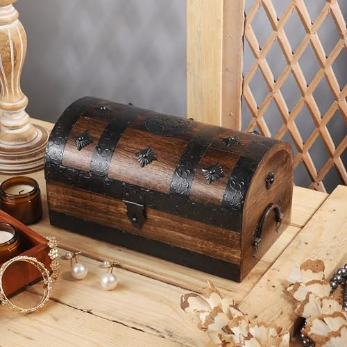 Ajuny Baule del Tesoro Pirata Decorativo Fatto a mano in Legno Scatola Portagioie con Strisce di Conchiglie Motivo Floreale Portaoggetti da Viaggio Ottimo come Regalo 11x6 Pollici