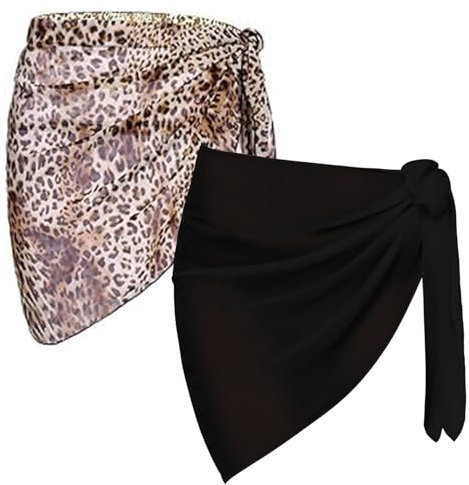 2 Stück Sarong Coverups für Frauen Badeanzug Wrap Badeanzug Rock Bikini Bademode Chiffon Cover Up Strand (DE/NL/SE/PL, Alphanumerisch, Einheitsgröße, Regular, Regular, Schwarz+Leopard)