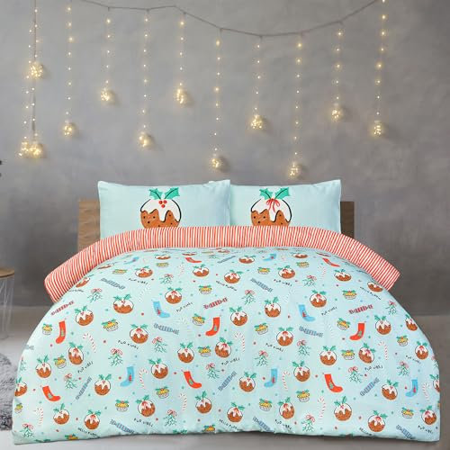 Sleepdown Reversible Duvet Cover Set, Festive Christmas Pudding Design, 100% Microfiber, Soft & Lightweight Bedding Set with Pillowcase, King Size (230 X 220 CM) Duvet Cover, Blue