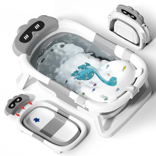 COOSEYA Baignoire Pliable BéBé Nouveau-Né, Baignoire Bebe Pliable Pour Avec SièGe Coussin De Bain Gratuit Pour Nourrisson à Bambin, Cadeau IdéAl Pour Nouveau-Né Pour Le Voyage Design ExtéRieur (Gris)